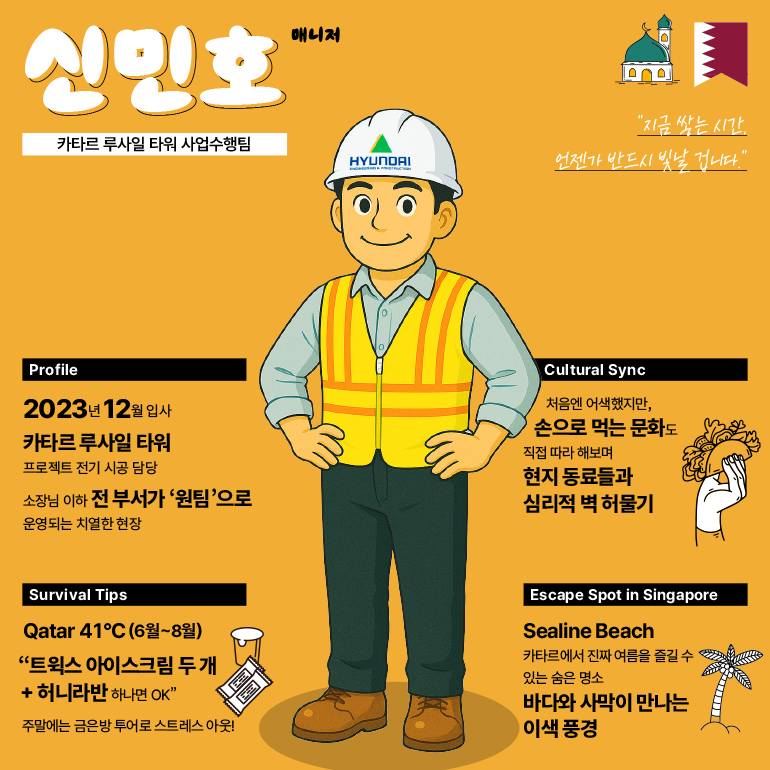 신민호  카타르 루사일 타워 사업수행팀  매니저  현대  지금 쌓는 시간, 언젠가 반드시 빛날 겁니다.  프로필  2023년 12월 입사  카타르 루사일 타워  프로젝트 전기 시공 담당  소장님 이하 전 부서가 원팀으로  운영되는 치열한 현장  문화 교류  처음엔 어색했지만,  손으로 먹는 문화도  직접 따라 해보며  현지 동료들과 심리적 벽 허물기  생존 팁  Qatar 41°C (6월~8월)  트웍스 아이스크림 두 개 + 허니라반 하나면 OK  주말에는 금은방 투어로 스트레스 아웃!  싱가포르 탈출 장소  씨라인 비치  카타르에서 진짜 여름을 즐길 수  있는 숨은 명소  바다와 사막이 만나는 이색 풍경